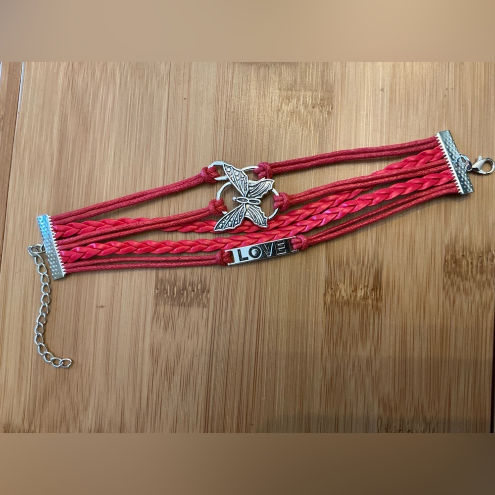 Red Multi-Strand Bracelet with Butterfly & LOVE Accent